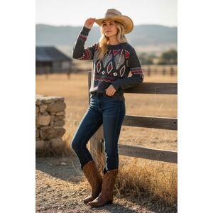 "Hollister" Women's Gray Aztec Print Long Sleeve Sweater SZ S Vintage Y2K Preppy